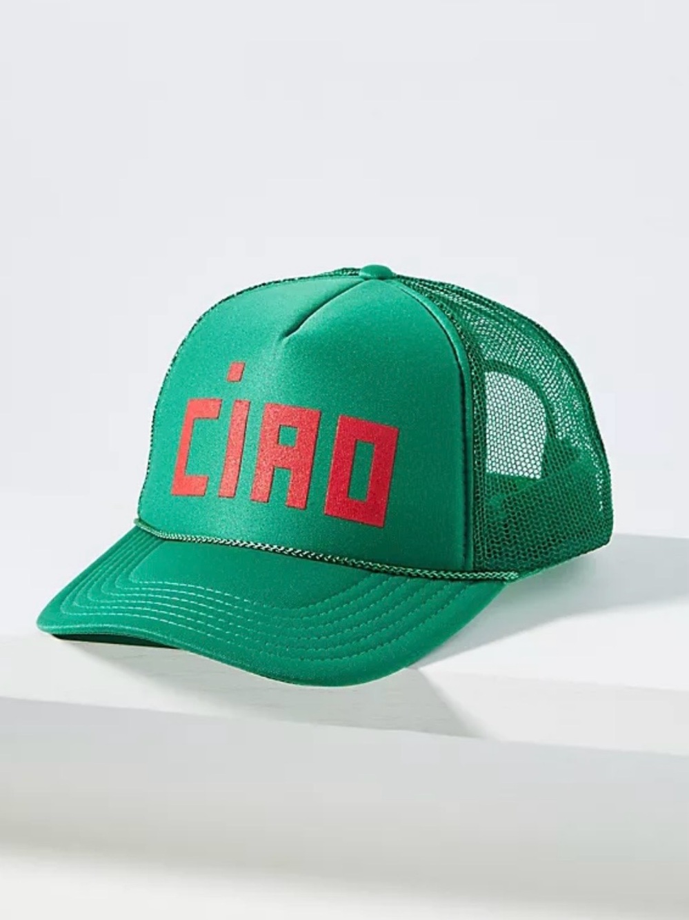 Clare V Green Trucker Cap with Red 'CIAO' Lettering
